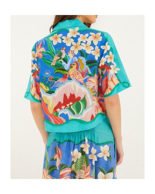 Farm Rio Blue Garden Of Life Floral-Print Cropped Shirt