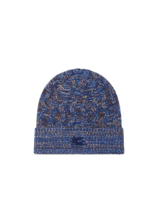 Etro Blue Cashmere Beanie With Cable Detail And Pegaso Embroidery for men