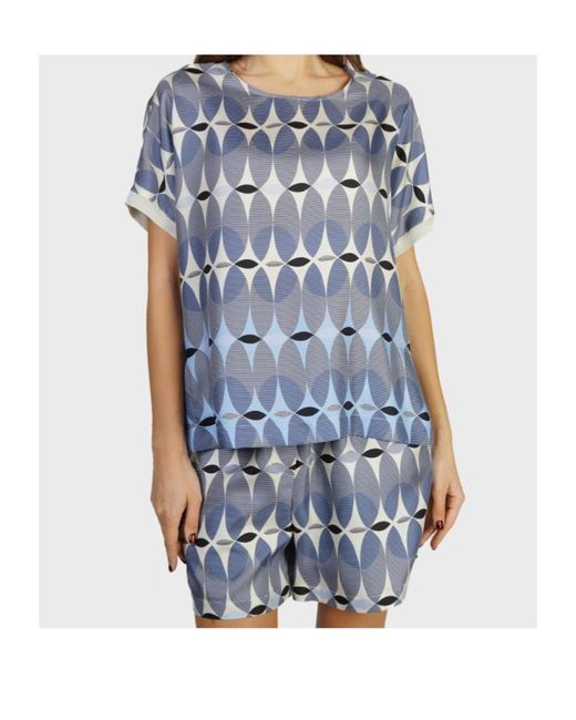Lorena Antoniazzi Blue Geometric-Print Silk T-Shirt