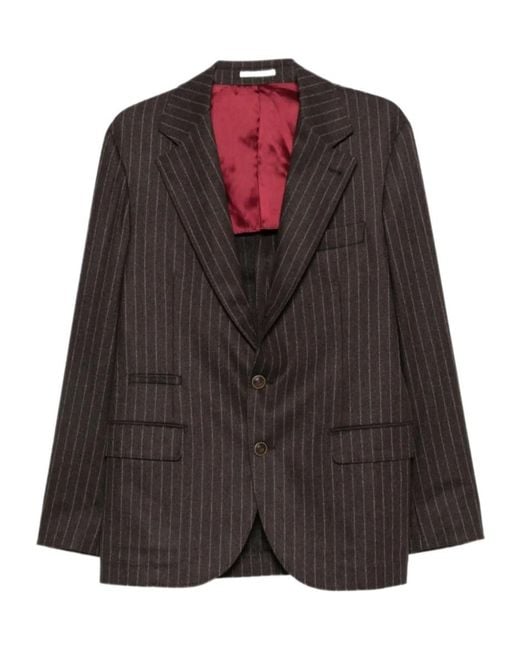 Brunello Cucinelli Black Pinstripe Peak-Lapel Blazer for men
