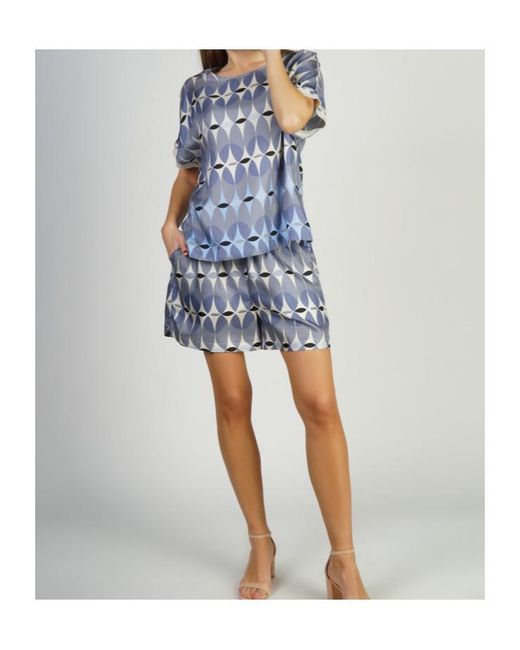 Lorena Antoniazzi Blue Geometric-Print Silk T-Shirt