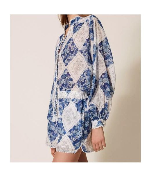 Twinset Blue Lace Trim Floral-Printed Shorts