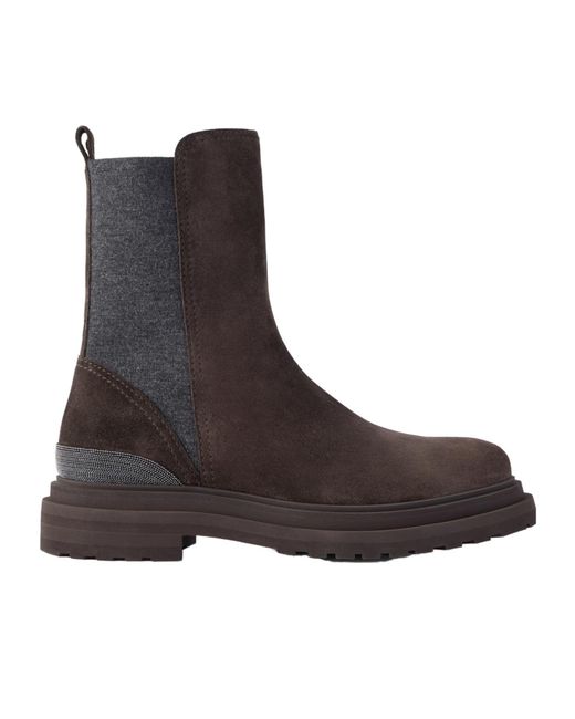 Brunello Cucinelli Brown Bead-Embellished Suede Chelsea Boots