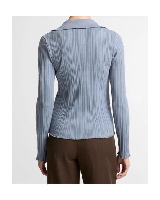 Vince Blue Variegated-Rib Cotton-Blend Polo Top