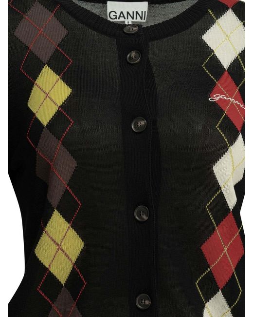 Ganni Black Argyle Buttoned Cardigan