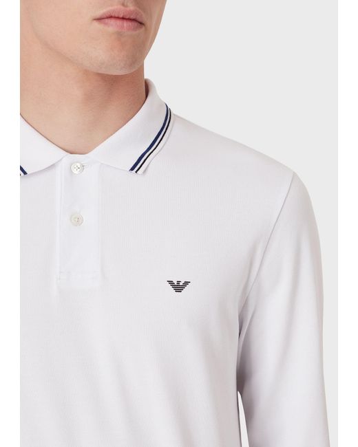 Emporio Armani White Eagle Embroidered Long-Sleeved Polo Shirt for men