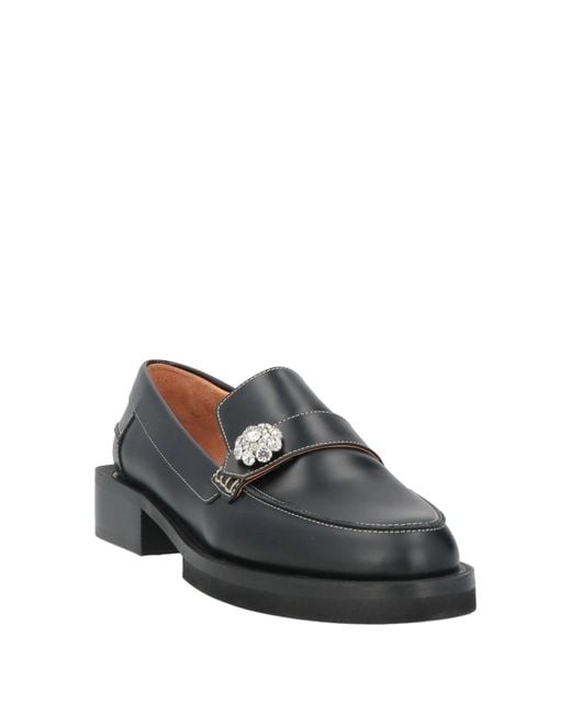 Ganni Black Small-Size Rhinestone Solid Color Leather Loafers