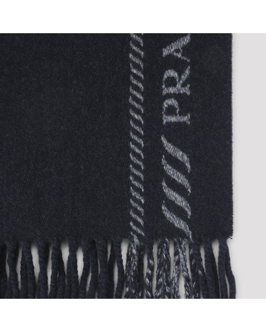 Prada Blue Fringed Knitted Scarf for men