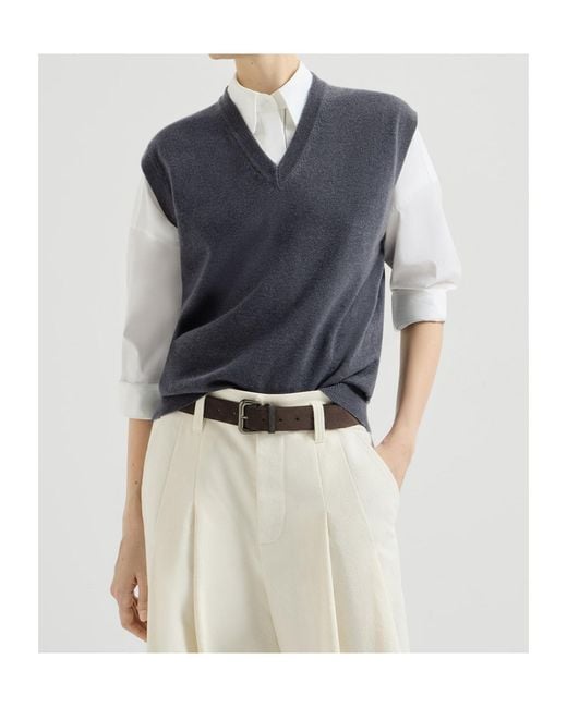 Brunello Cucinelli Blue Cashmere Sweater Vest With Monili