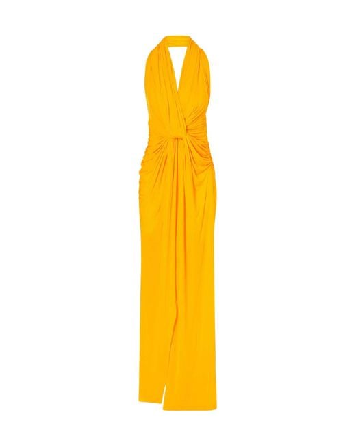 Alex Perry Yellow Halterneck Ruched Jersey Gown