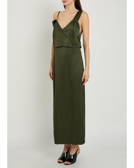 Totême Green V-Neck Satin Midi Slip Dress