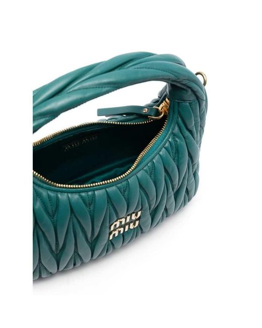 Miu Miu Green Wander Matelassé Logo Plaque Mini Hobo Bag