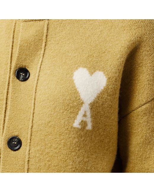 AMI Yellow Round-Neck Knit Cardigan