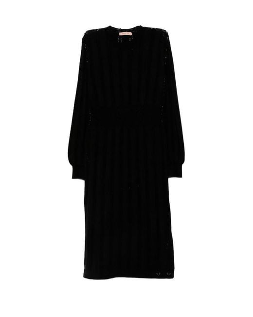 Twinset Black Pointelle-Knit Long-Sleeve Dress