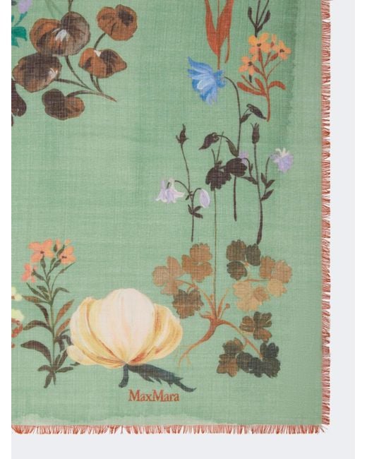 Max Mara Green Floral-Print Frayed Scarf