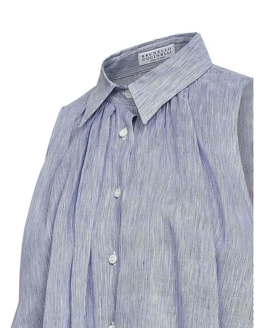 Brunello Cucinelli Blue Striped Pleated Sleeveless Top