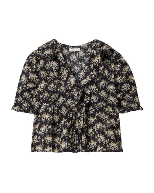 Doen Black Henri Ruffled Pintucked Floral-Print Organic Cotton-Voile Top