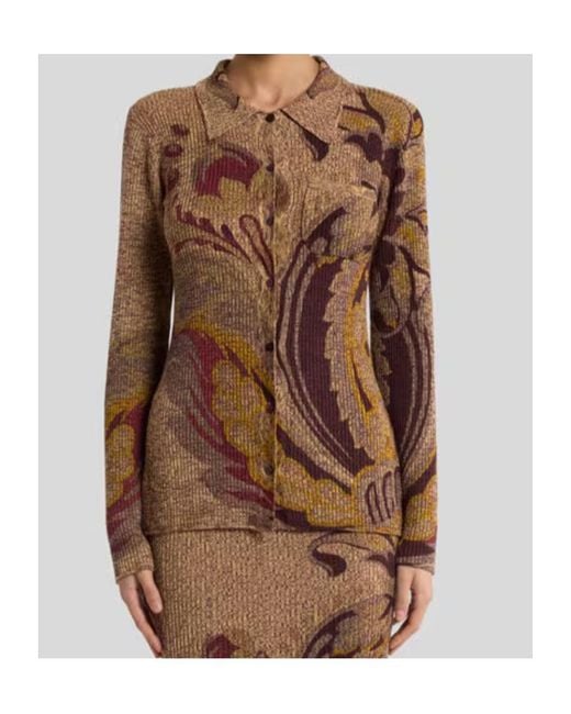 Etro Brown Daffodil Motif Ribbed Cardigan