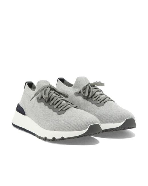 Brunello Cucinelli White Knitted Lace-Up Sneakers for men