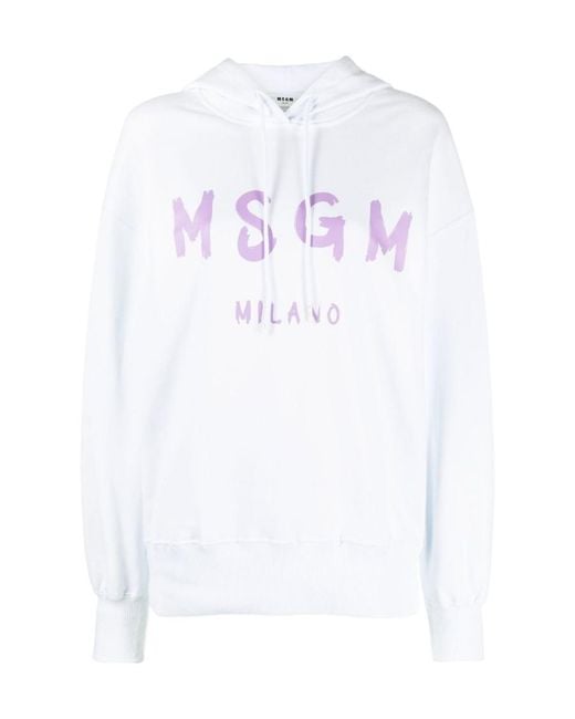 MSGM White Logo-Print Cotton Hoodie