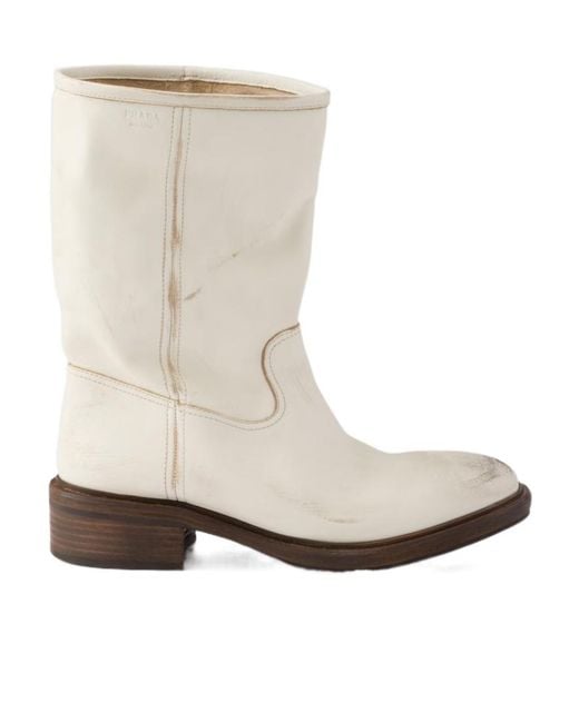 Prada Natural Leather Vintage-Effect Mid-Calf Boots 30