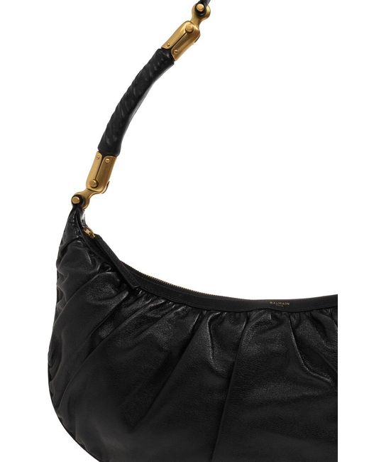 Balmain Black Ébène Gathered Detail Zipped Shoulder Bag