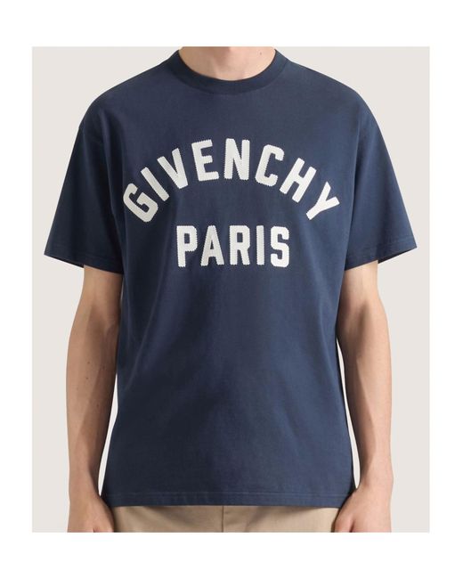 Givenchy Blue Paris Logo Printed Crewneck T-Shirt for men