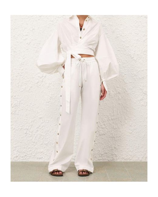 Zimmermann White Side-Button Drawstring-Fastening Trousers