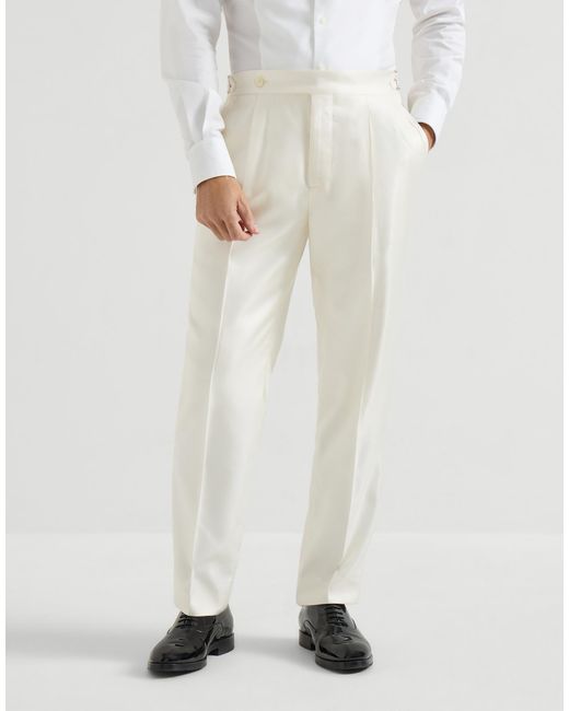 Brunello Cucinelli White Pleated Waist-Tab Silk Trousers for men