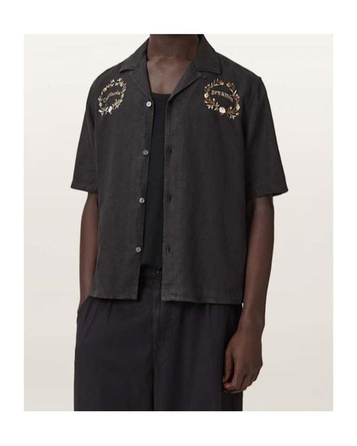 AllSaints Black Klavicle Short Sleeve Linen Embroidered Shirt for men