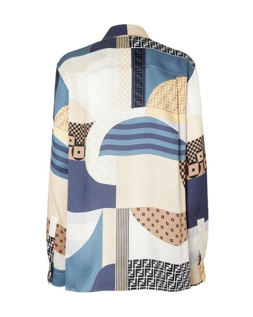 Fendi Blue Patchwork Printed Long Sleeved Shirt