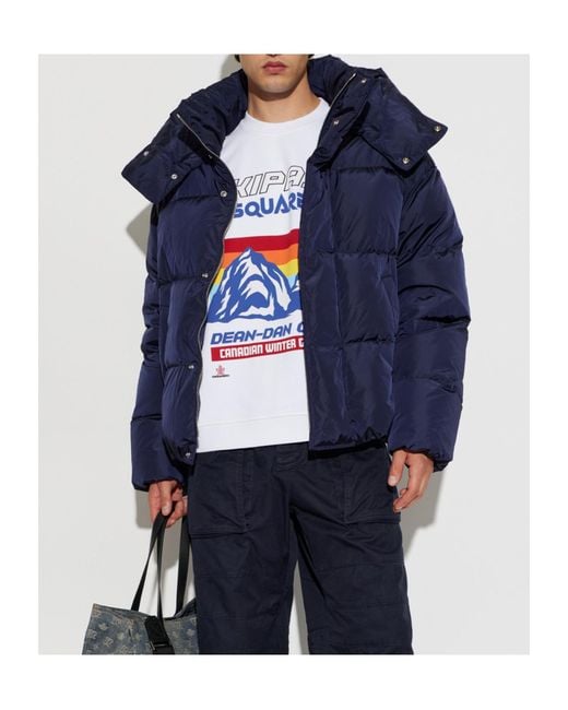 DSquared² Blue Long-Sleeved Hooded Down Jacket for men