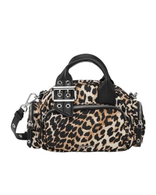 Ganni Black Leopard Printed Buckle Detailed Mini Tote Bag
