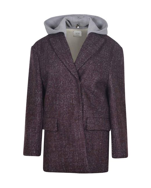 Alysi Purple Long Sleeve Hooded Tweed Coat