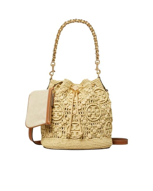 Tory Burch Metallic T Monogram Raffia Bucket Bag