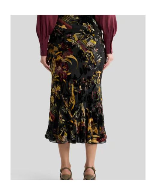 Etro Black Silk-Blend Burnout Velvet Midi Skirt With Flower And Animal Motif