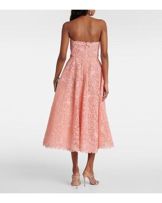 Carolina Herrera Pink Strapless Guipure Lace Midi Dress