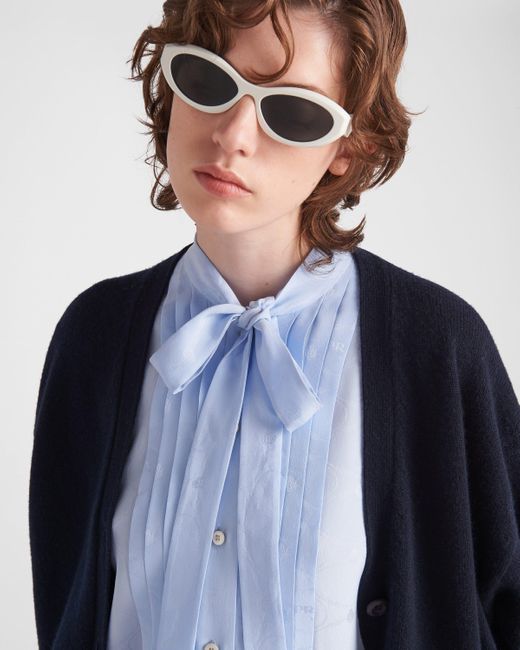 Prada Blue Jacquard Crepe De Chine Blouse