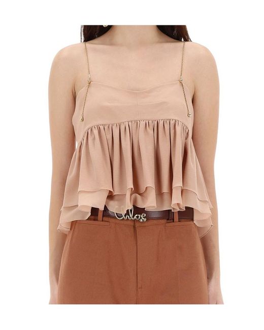 Chloé Blue Chloé Ruffled Spaghetti Strap Top