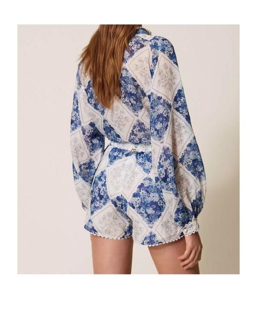 Twinset Blue Lace Trim Floral-Printed Shorts