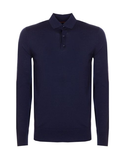 Loro Piana Blue Long-Sleeved Knitted Polo Shirt for men