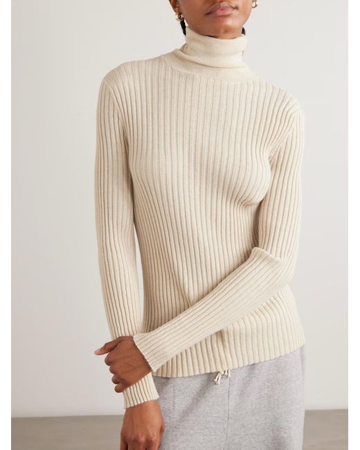The Elder Statesman Natural Ribbed Cashmere Turtleneck Sweater
