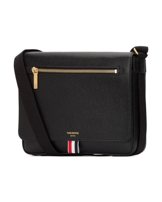 Thom Browne Black Logo Detailed Messenger Bag for men