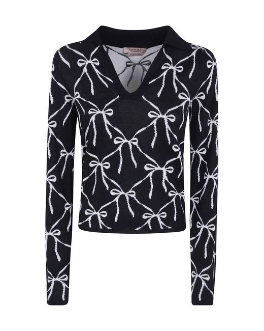 Twinset Black Bowjacquard Polocollar Knit Sweater