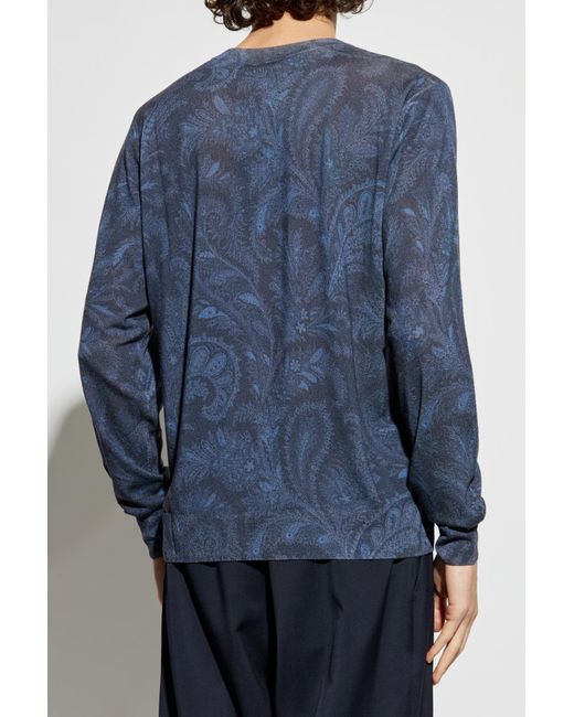 Etro Blue Patterned Crewneck Knitted Jumper for men