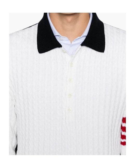 Thom Browne White 4-Bar Cable-Knit Polo Shirt for men
