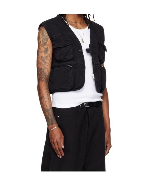 Lu'u Dan Black Thickened Workwear Pocket Vest for men