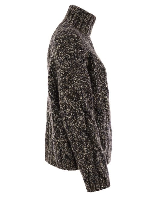 Brunello Cucinelli Black Soft Wool, Cashmere And Mohair Turtleneck Sweater With Braided Design