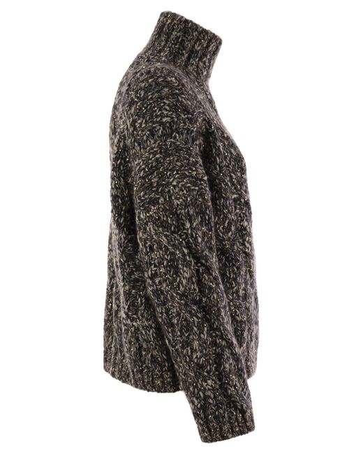 Brunello Cucinelli Black Soft Wool, Cashmere And Mohair Turtleneck Sweater With Braided Design