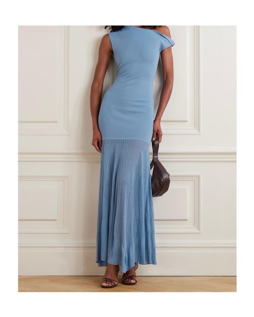 Sir Blue Twist Off-The-Shoulder Pleated Knitted Maxi Dress